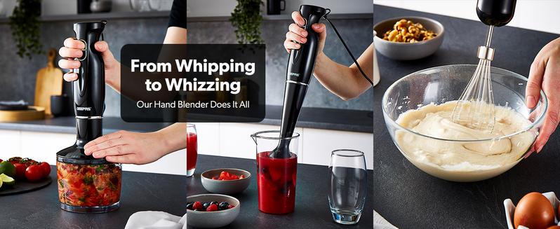 Product Introduction of Geepas 4-in-1 Hand Blender with Electric Whisk, 860ML Vegetable Chopper & 600ML Beaker | 200W Stick Blender, Soup Mixer, Hand Immersion blender| Mini Food Processor for Baby Food Soup Fruits Egg Whisk strong blender 2