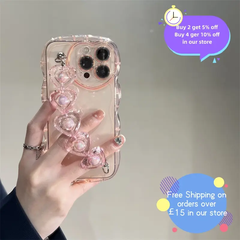 「Bubble Phone Case」3D Love Heart Wrist Chian Wavy Transparent Soft Phone Case for iphone 14 12 13 Pro Max 11 X S XR XS Cute Clear Shockproof Cover