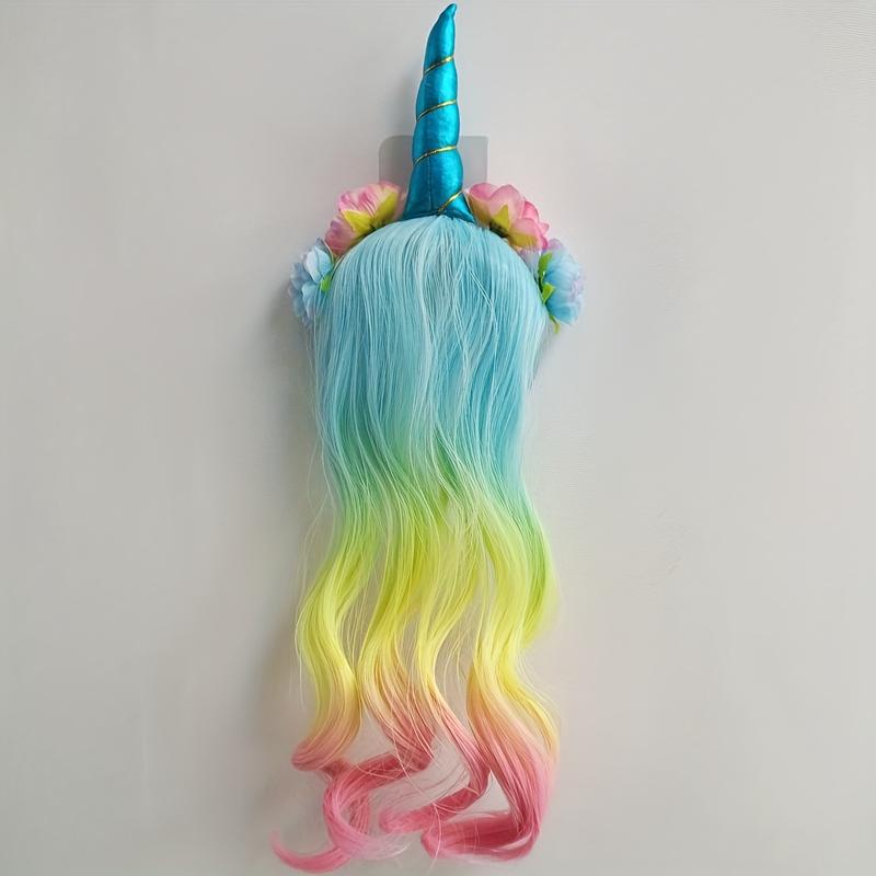Unicorn Headband Curly Wig For Girls, Rainbow Flower Birthday Party Supplies Halloween Decorations For Girls Hair Accessories Music Festival Masks Comfortable Gift Magical Ornaments Multicolor 2