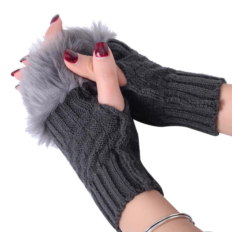 Women's Fur Fingerless Gloves with Faux Trim, Soft and Warm Knitted Mittens - Black, Coffee, Grey, White 3