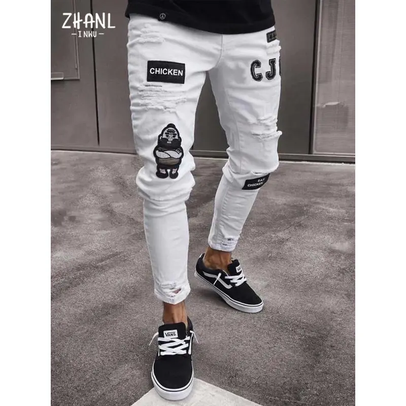Embroidered jeans men cotton elastic ripped skinny jeans slim fit loose jeans men trousers streetwear 5