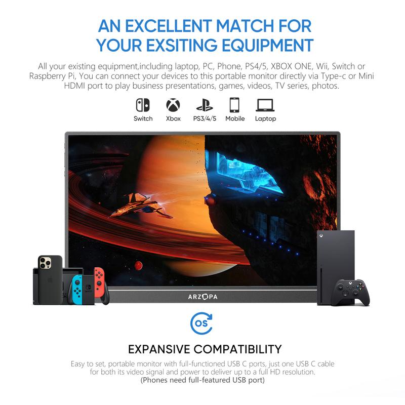 ARZOPA Portable Monitor A1M 17.3 Inch 1920×1080 FHD, 100% SRGB 60Hz IPS Monitor Screen with HDMI/Type-C/USB-C, Eye Care Gaming Portable Screen, Dual Built-in Speaker for Laptop/PC/Mac/PS3/PS6/Xbox/Phone, Newyear gift 5