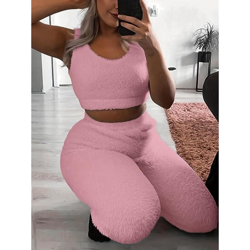 Solid Fuzzy Lounge Set, Warm Tank Crop Top & Elastic Waistband Pants, Women's Loungewear & Sleepwear 2