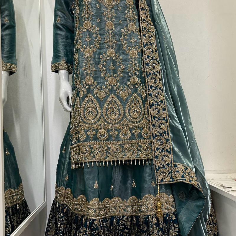 Teal colour Embroidered Farshi Lengha Suits for Women - Gul Wedding Collection (3 Pieces) - Traditional, 1