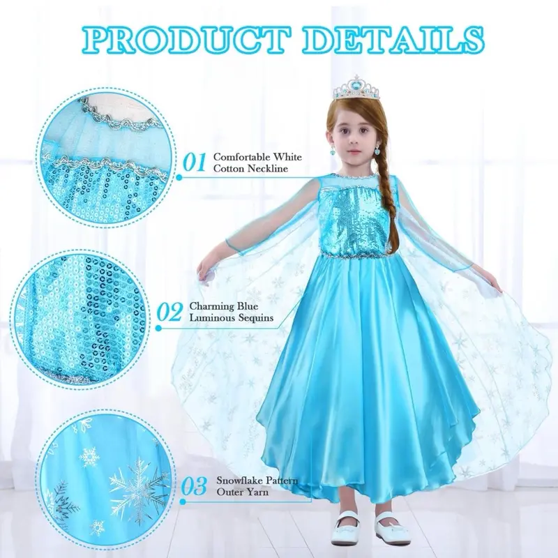 Elsa Costume Princess Dress, Elsa Dress with Wand and Crown Tiara Size 4-5years 2