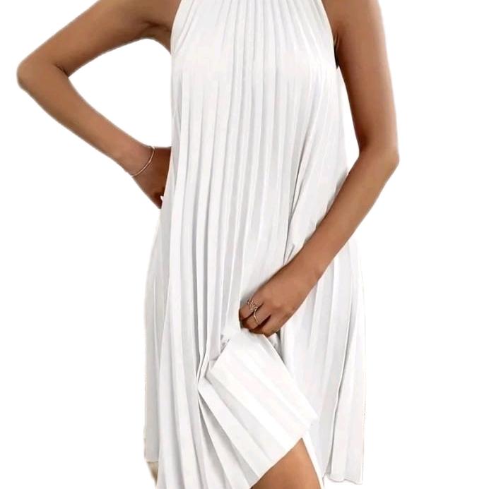 Contrast Sequined Pleated Halter Dress, Elegant Sleeveless Mock Neck Keyhole Back Dress, Women's Clothing Comfortable Halter Neck Elegance 4