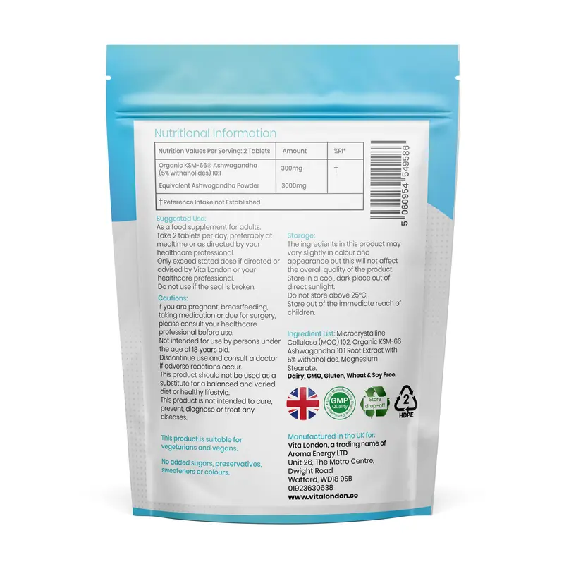 Ashwagandha KSM-66 Organic Tablets - 3000mg - High Strength - 120 Tablets (Not Capsules, Gummies Or Powder) - Vegan - Gluten Free - GMO Free - Dairy Free - Adult - Men & Women - UK - Vita London - Wellness Supplement Autumn Winter Healthcare Vitamins 1