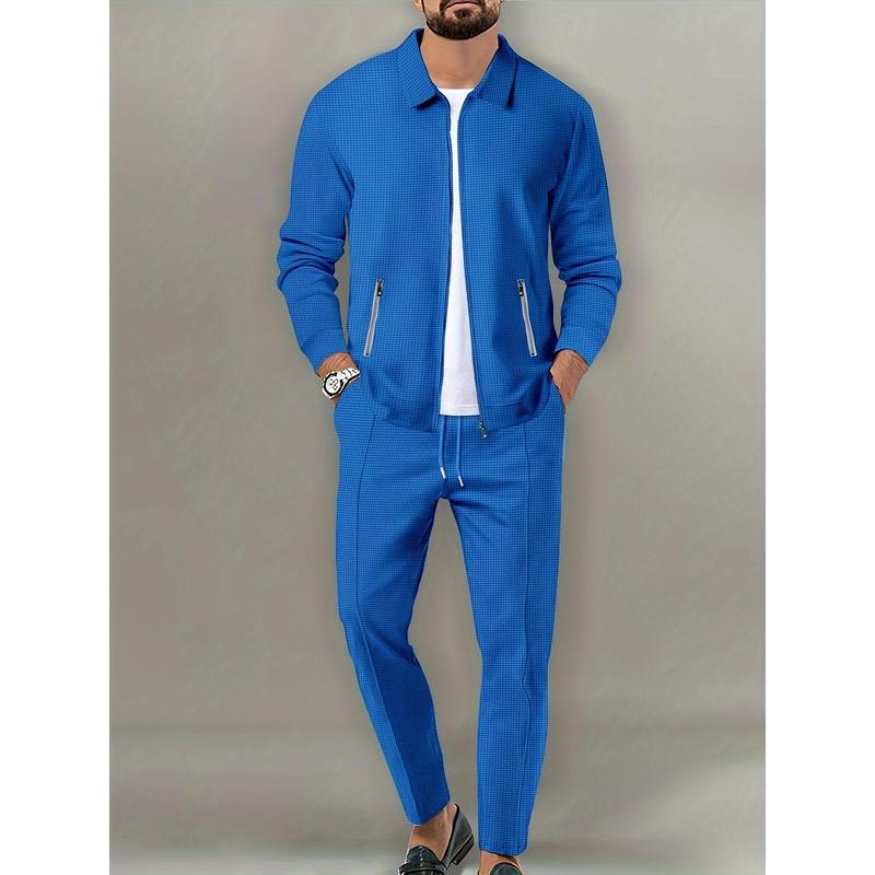 [2-Piece Breathable Comfy Outfit] Men's Casual 2-Piece Outfit, Solid Color Jacket & Drawstring Pants Set, Breathable Comfy Full Zip Jacket & Pants Set 1