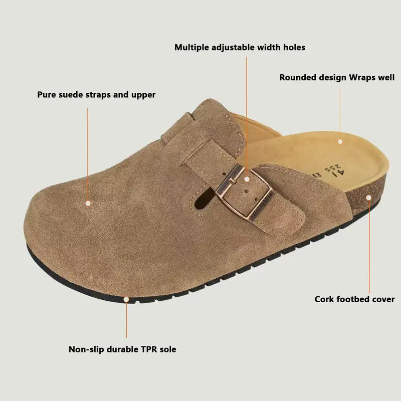 EVELLYHOOTD Women Suede Round Toe Cork Footbed Clogs with Comfort Width Adjustable Fashion Slipper [One size up for wide weet] ] 4