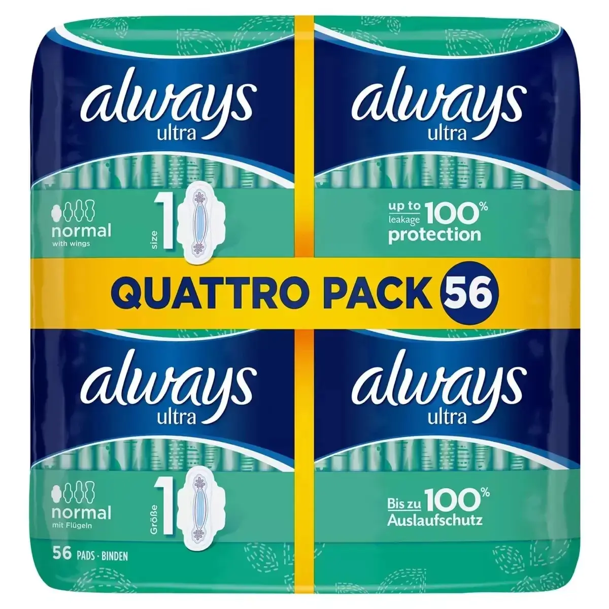 Always Ultra Normal Size 1 Towels with Wings Absorbent Protect - Pack of 56 Pads Daily Unscented