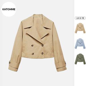 KatchMe Women's Street Notch Lapel Double Breasted Cropped Jacket,Fitted Outerwear Jacket,Versatile Long Sleeve Cropped Trench Coat for Spring & Fall