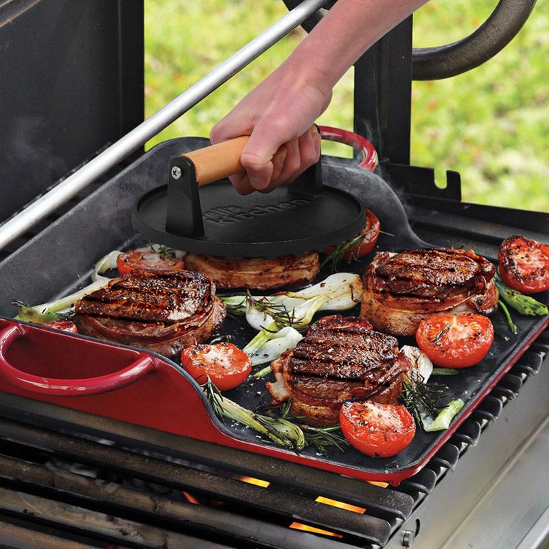 Cast Iron Burger Press - Non-stick Kitchen Meat Steak Utensils Wooden Handles  Set 3