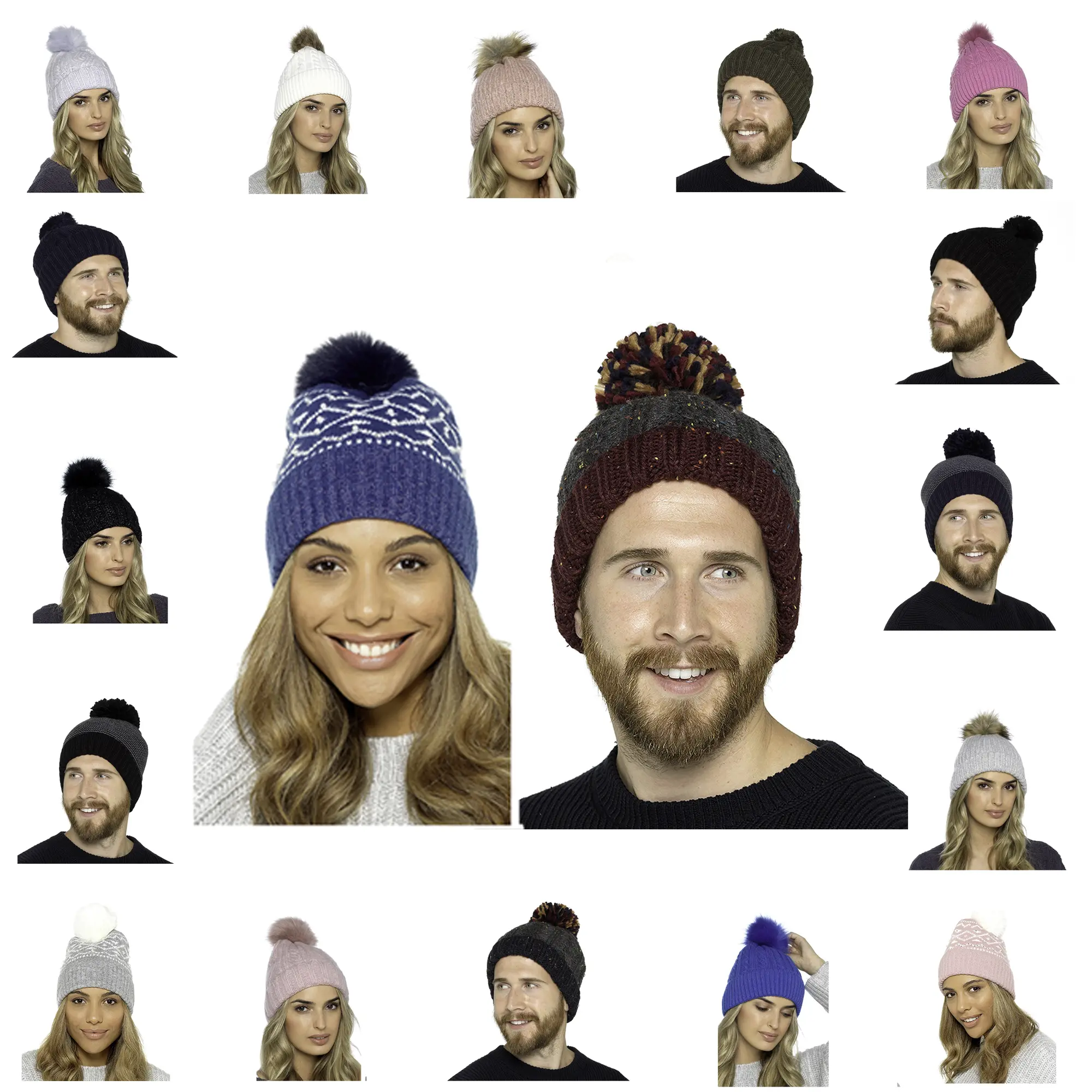 Men Ladies Beanie Knitted Winter Warm Bobble Pull on Hats Pom Pom Knit Fairisle