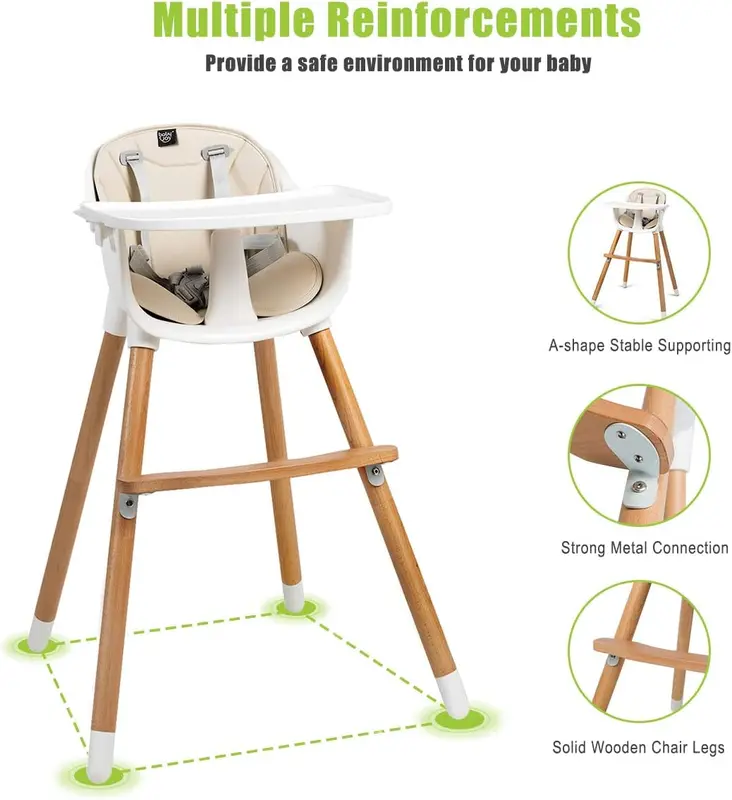 COSTWAY - Baby High Chair, 3 in 1 Dining Chair with Adjustable Legs, Removable Tray, 5-Point Seat Belt, Detachable Footrest, Feeding Highchairs for Babies, Infants, Toddlers 3