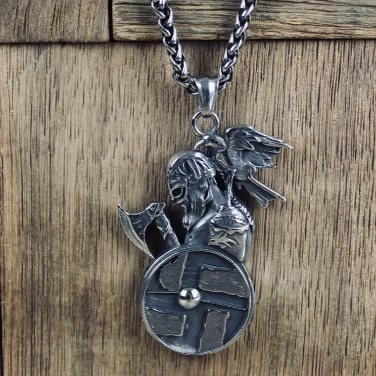 Stainless Steel 316L Viking Warrior And Raven Pendant and Chain Set