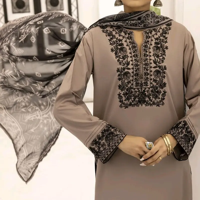 Brown 3pc embroidered chiffon lawn dresses with Printed Dupatta Cotton Embroidery Womenswear 0