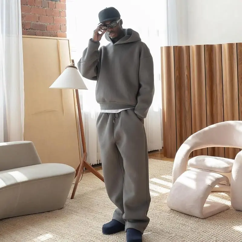 Men's Casual Solid Hooded Pullover Straight Pants 2 Piece Set Tracksuit For Fashion Loose Hoodies Sweatshirt Wide Leg Sweatpants 3