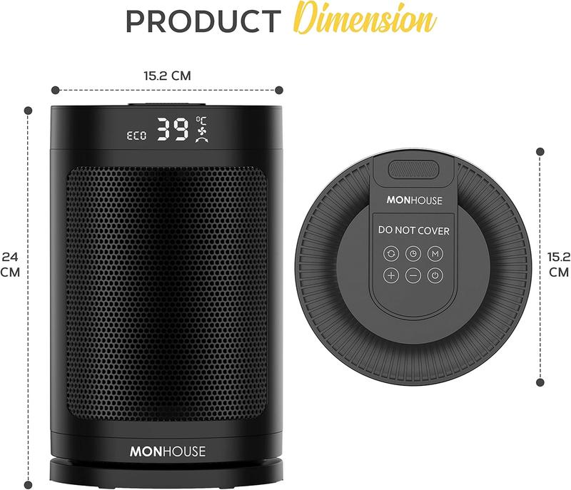 MONHOUSE Electric Heater - Energy Efficient PTC Ceramic, Silent Portable Heater with LED Display, Remote Control, Overheat Protection, Smart Thermostat, 1-12HR Timer - Ideal for Office, Home, Bedroom 2