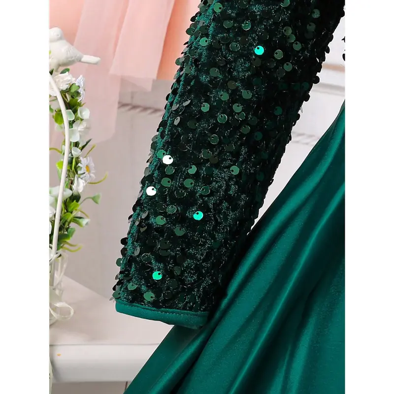 Glamorique Kids Young Girl Sequin Patchwork Round Neck Net Tulle Bowknot Elegant Princess Dress 3