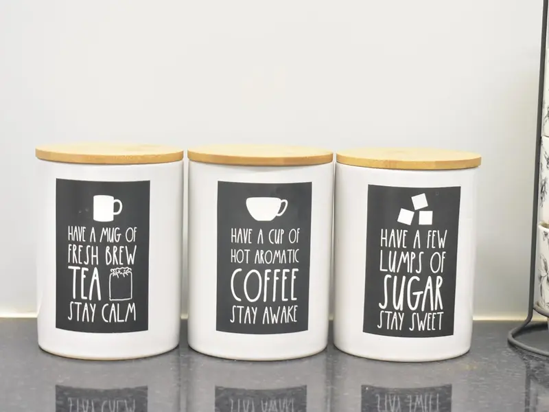 Set of 3 Jars Kitchen Canister Jar For Tea Coffee Sugar Storage Pots Wooden Lid Home Decorative, Kitchen, Dining Table, Eye-Catching Design (White & Black) 2