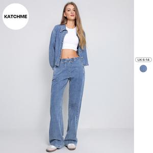 KatchMe Women's Casual Solid Color Long Sleeve Button Denim Jacket & Drawstring Waist Wide Leg Trousers Co-ord, Comfort Co-ord Set for Spring & Fall
