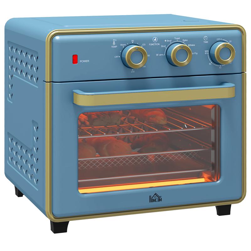 HOMCOM 20L Countertop Mini Oven, 7-in-1 Toaster Oven with Warm, Broil, Toast, Bake, Air Fryer Setting, Timer, Adjustable Thermostat, 4 Dishwasher Safe Accessories, 1400W, Blue 0