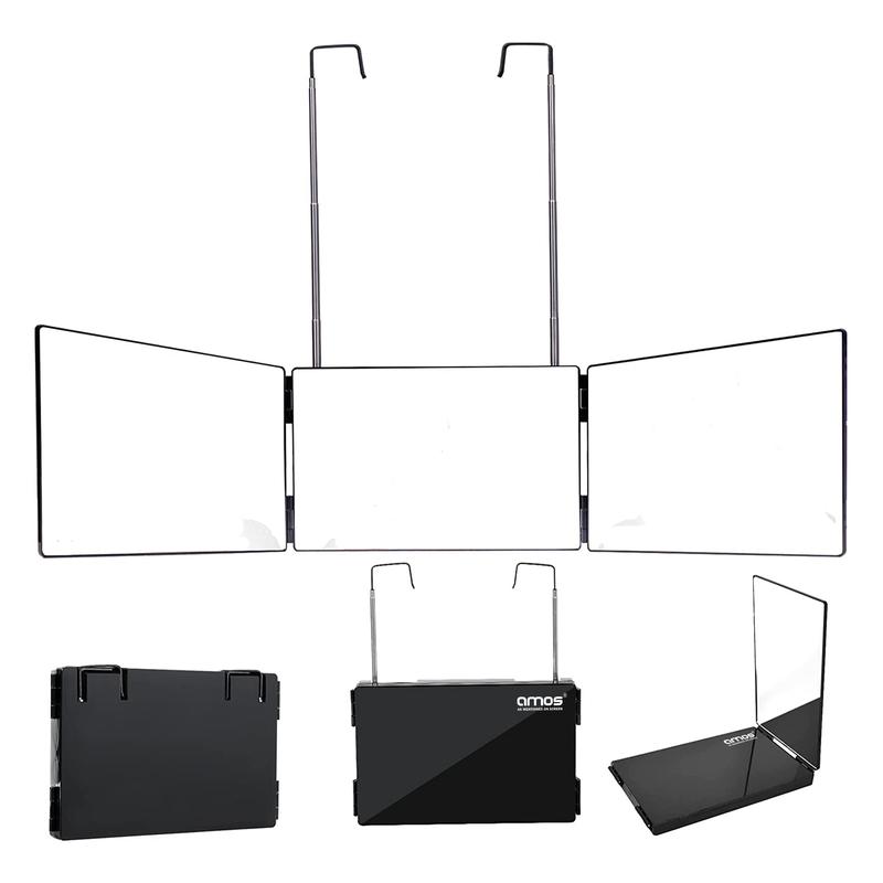 AMOS 3 Way Mirror, 360°, Trifold Height, Telescopic Door Hooks, Adjustable Mirror for Shaving, Hair Cutting, Makeup 3