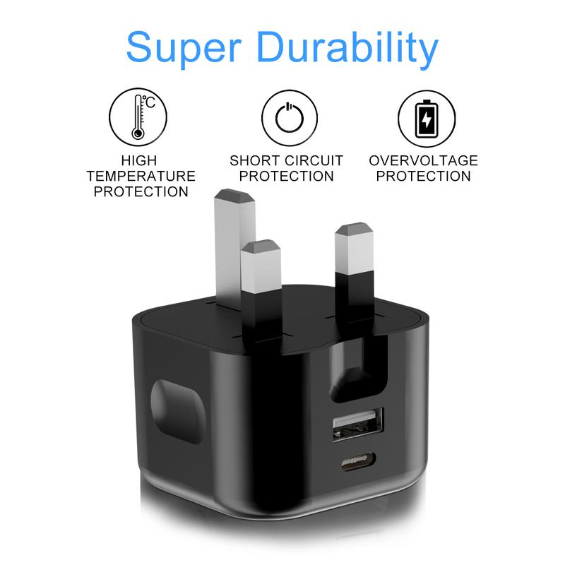 Fast Charger Plug with 20W UK Multiple Wall Charging Multiport Mains Power Adapter for 16/16 Plus/15 Pro Max/14/14 Pro Max/13 Pro Max/12 Mini/SE 2022,iPad, Air Pods Pro,Galaxy S24 Z Fold 6/ Flip 6 Pixel 9a, Dual Ports USB C Mains Adapter (Black) 6