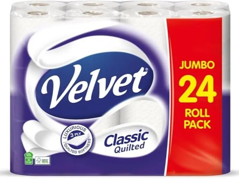 Velvet Classic Quilted Toilet Tissue 24 Rolls - Luxuriously Soft, Strong and Absorbent Toilet Roll - Jumbo Bulk Pack 24 Rolls - 3-ply - White