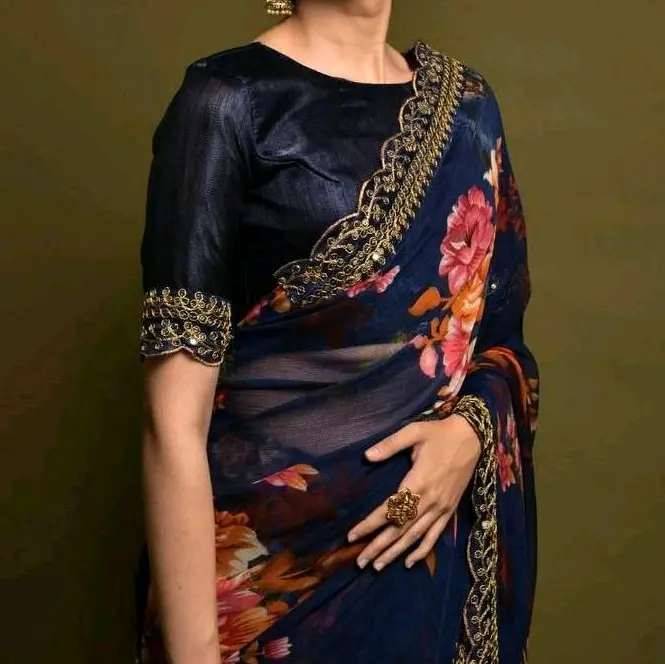 Georgette chiffon with flower print saree with ready blouse size 44" 3