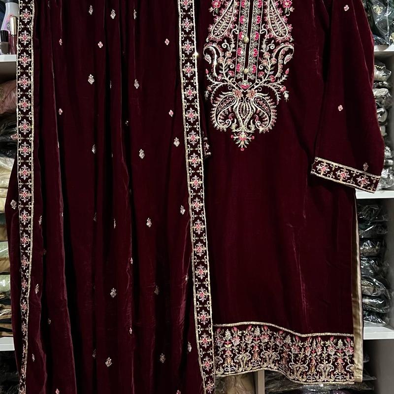 Pakistani Luxury 9000 micro Velvet 3pc Embroidered Dreee with Velvet Shawl and trouser. Formal... 4