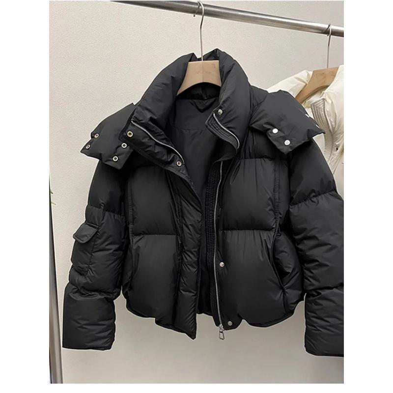 Women Puffer Jacket Winter Warm Thick Long Sleeve Oversized Hooded Short Parkas Mujer Female Solid Loose Crop Coat Outwear Womenswear Tops Underwear Lady Fitted Casual Comfort Basic Minimalist Outerwear 3