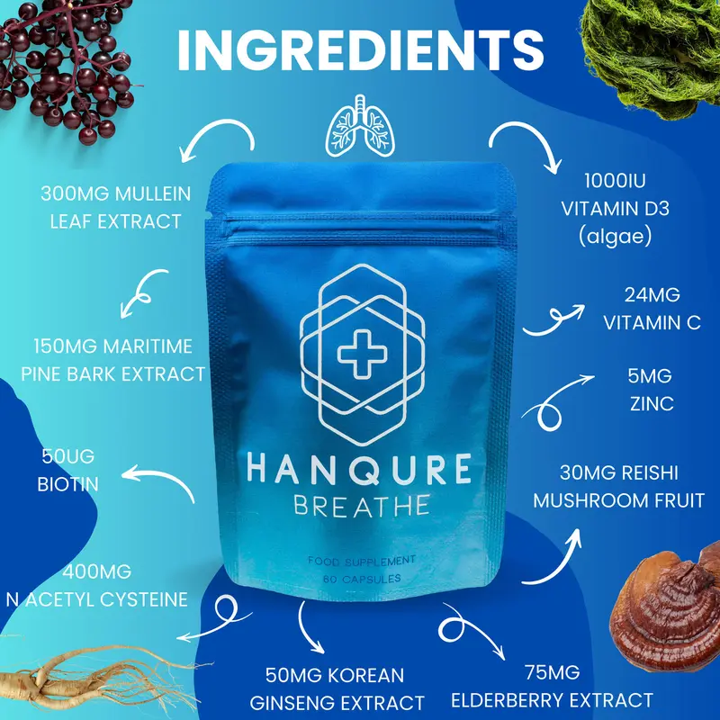 HANQURE Breathe - Lung Cleanse Supplement with Mullein Leaf Extract for Lungs Detox and Normal Mucus Maintenance. Contains Elderberry, Vitamin D, Ginseng & Reishi for Better Respiratory Health. 4