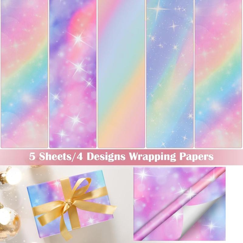 Wrapping Paper, 5 Pcs Rainbow Gradient Colour Gift Birthday Wrapping Paper, Gift Wrap Perfect for Mother Day, Valentine Day, Party, Birthday for Women and Girls, with Tape(70cm X 50cm) 2