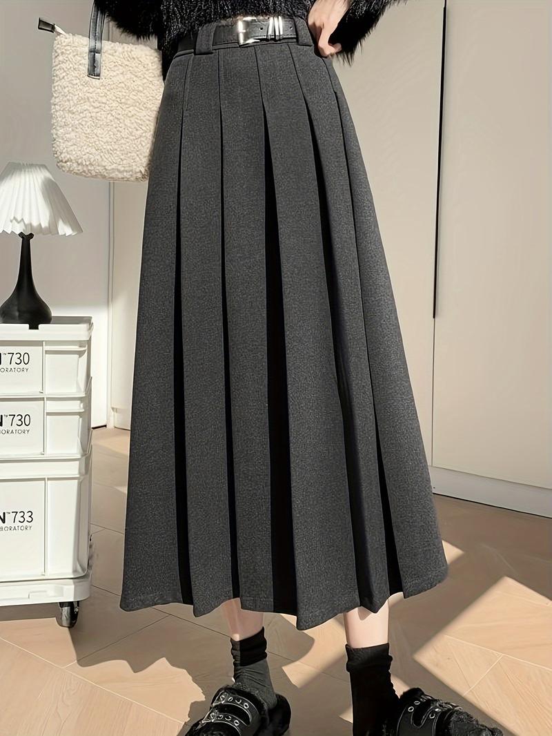 Product Introduction of Chic A-Line Pleated Midi Skirt - 100% Polyester Solid Color Woven Fabric, Beltless Design for Fall/Winter Fashion, Stylish and Comfortable Wear for Women 11