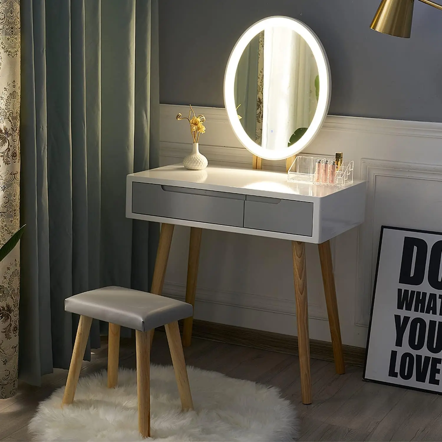 Dressing Table with LED Lights Mirror - White Vanity Makeup Table Set with Adjustable Brightness Mirror, Cushioned Stool and Free Make-up Organizer (White+Grey+Oval Mirror)