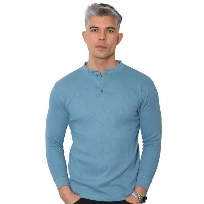 Mens Long Sleeve Henley Shirt Granded Neck Waffle Knit T-shirt Breathable and Comfortable Casual Top M - 3XL Plain Knitwear Jumper represent clothing Menswear Round Neck Grandpa Crewneck Knife Gamis Beige Biker Blue 1