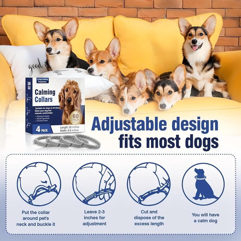 Product Introduction of 4-Pack Calming Dog Collars with Pheromones for Anxiety, Separation & Behavior Issues - Adjustable, Waterproof Rubber Collars for All Breed Sizes, Long-Lasting 60 Days, No Batteries Required 4