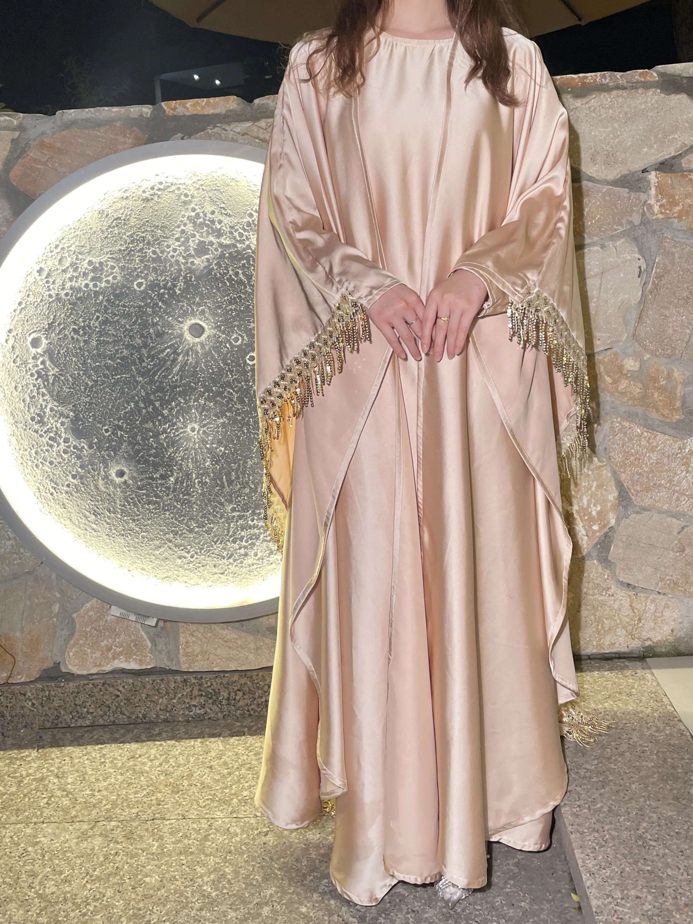#LY04 Ramadan Promotion Butterfly satin tassel abaya set, two pieces with inner dress