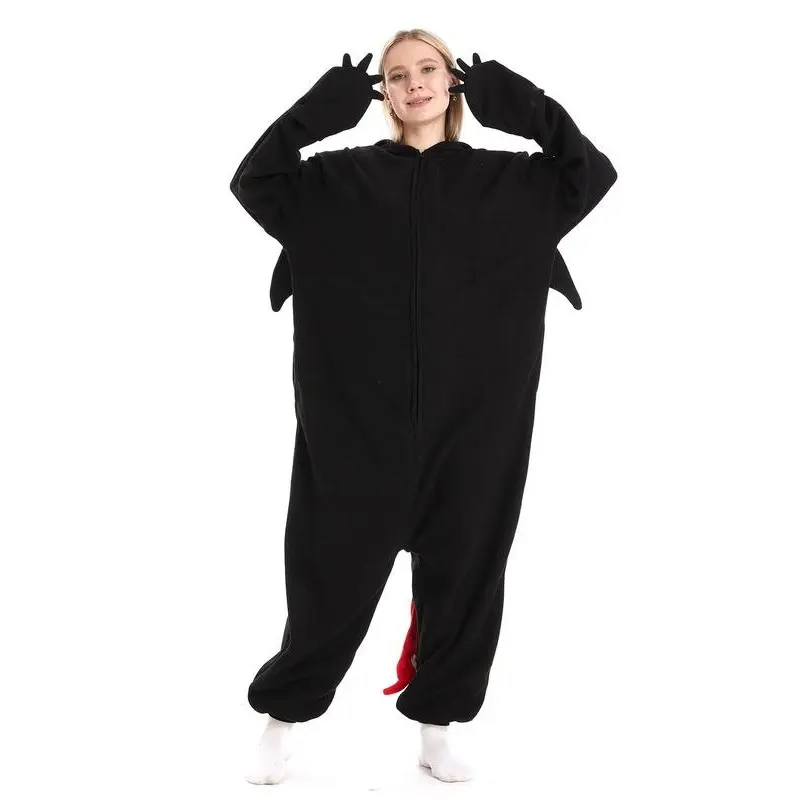 Unisex's Dragon Pattern Drop Shoulder Zipper Polar Fleece Jumpsuit, Cute Long Sleeve Pocket Halloween Party Costumes for Women & Men, Unisex's Dragon Toothless Onesie Pajamas Clothing for Fall & Winter 7