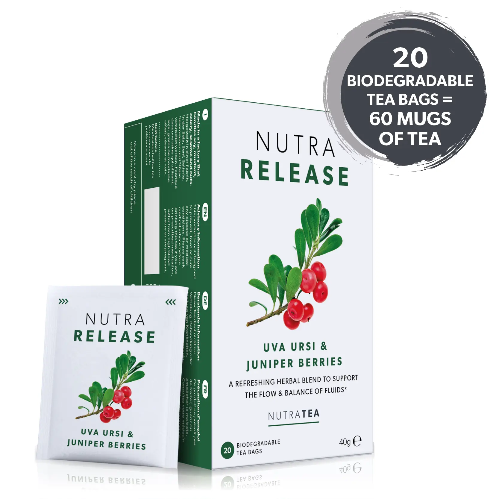 NutraTea - NutraRelease Herbal Tea - Diuretic Tea | Natural Tea For Kidneys - 20 Biodegradable Tea Bags (60 mugs)