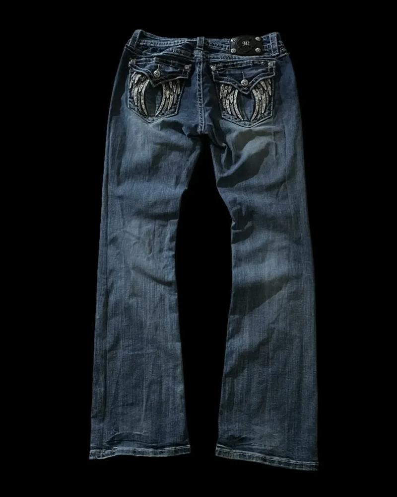 Product Introduction of Retro Miss Me Boot Cut Jeans Female Y2K New Blue Jeans Embroidered Wing Pocket Hip Hop Harajuku Gothic Wide Pants Street Wear 9