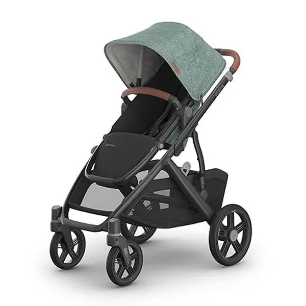 Full-Size Single-to-Double Stroller System - Toddler Seat, Bug Shield, Rain Shield, and Storage Bag Included - Gwen (Green Mélange/Carbon Frame/Saddle Leather) 0