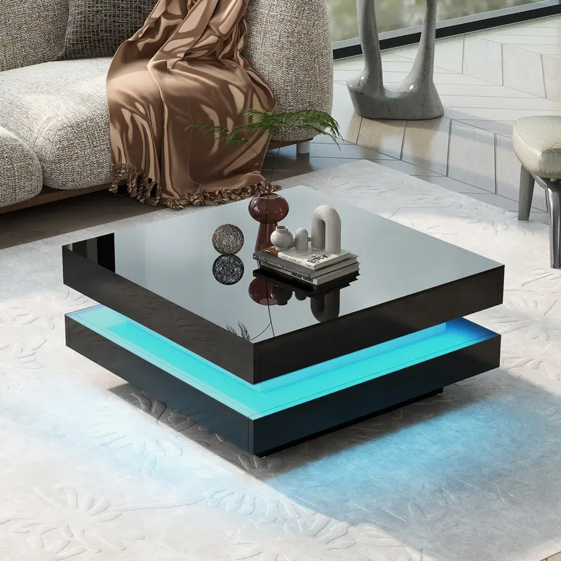 BTM Luxury Modern Furniture  70x70x36 cm Black Square High Gloss Coffee Table with 360° Rotating Top, Tea Table with 16-Color LED light 2