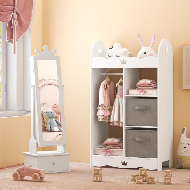 COSTWAY Kids Jewelry Cabinet Armoire with Full Length Mirror and 3 Storage Drawers 5