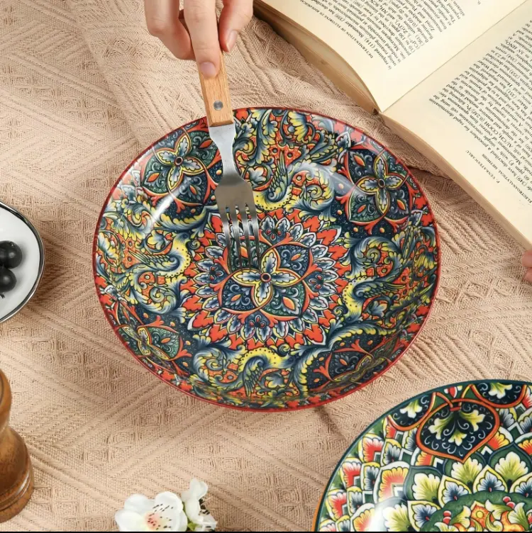 Bohemian Style Ceramic Dinner Plate Set, 4 Counts/set Creative Breakfast Bowl, Large Deep Plate for Home and Restaurant Use Stylish Aesthetic 6