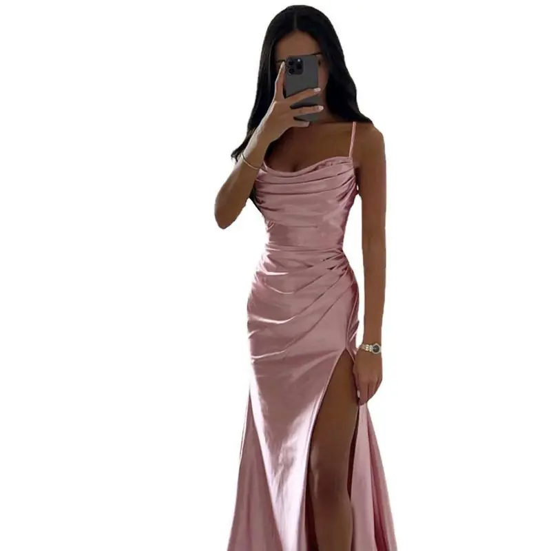 Summer Women's Sexy Vintage Tulle Long Dress  Spaghetti Strap Satin Pleated Low-cut V Neck High Split dress Party Gown Ball 7