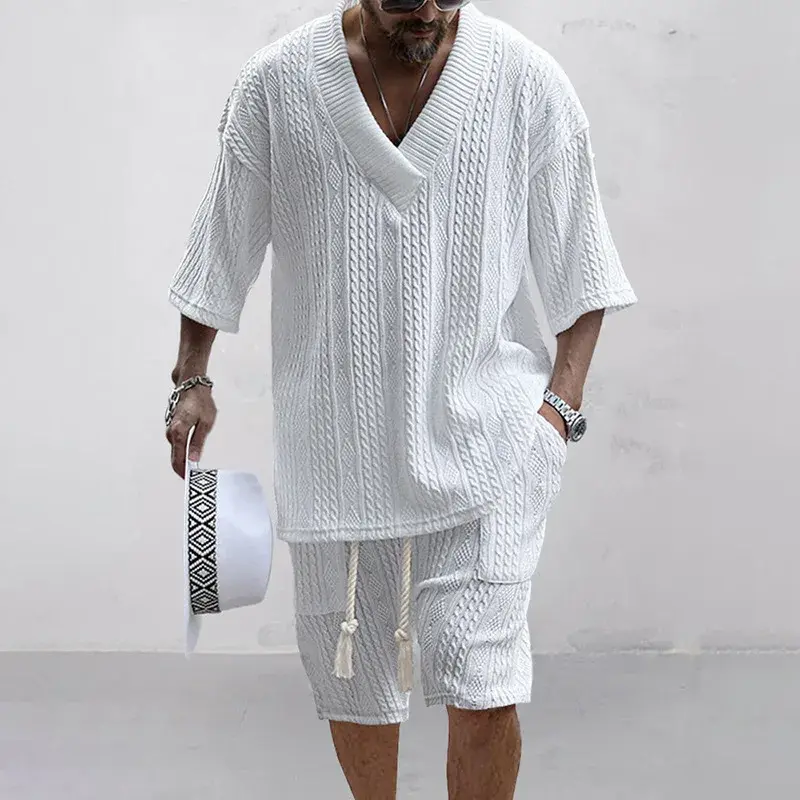Summer Casual Shorts Set Knitted Two Piece Men's Clothing V-Neck Short Sleeve T-shirt and Shorts Streetwear  Outfits