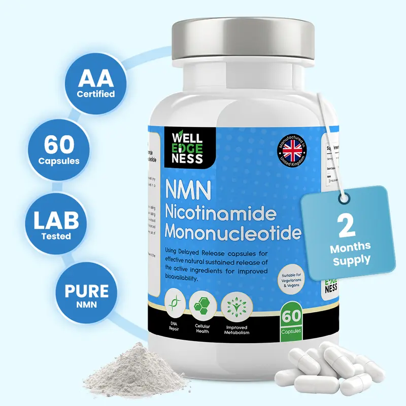 60 x 500mg Pure NMN Capsules | 2 Months Supply with Delayed Release Technology Capsules | NAD+ Precursor - Longevity & DNA Repair Edible NMN Supplement Fitness Healthcare by WELLEDGENESS Multivitamin Wellness Viral Supplements 0