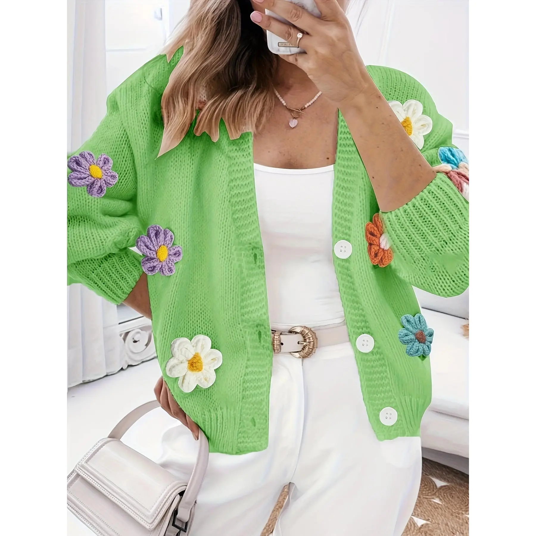 Plus Size Casual Cardigan, Women's Plus Floral Patch Button Up Long Sleeve Cardigan